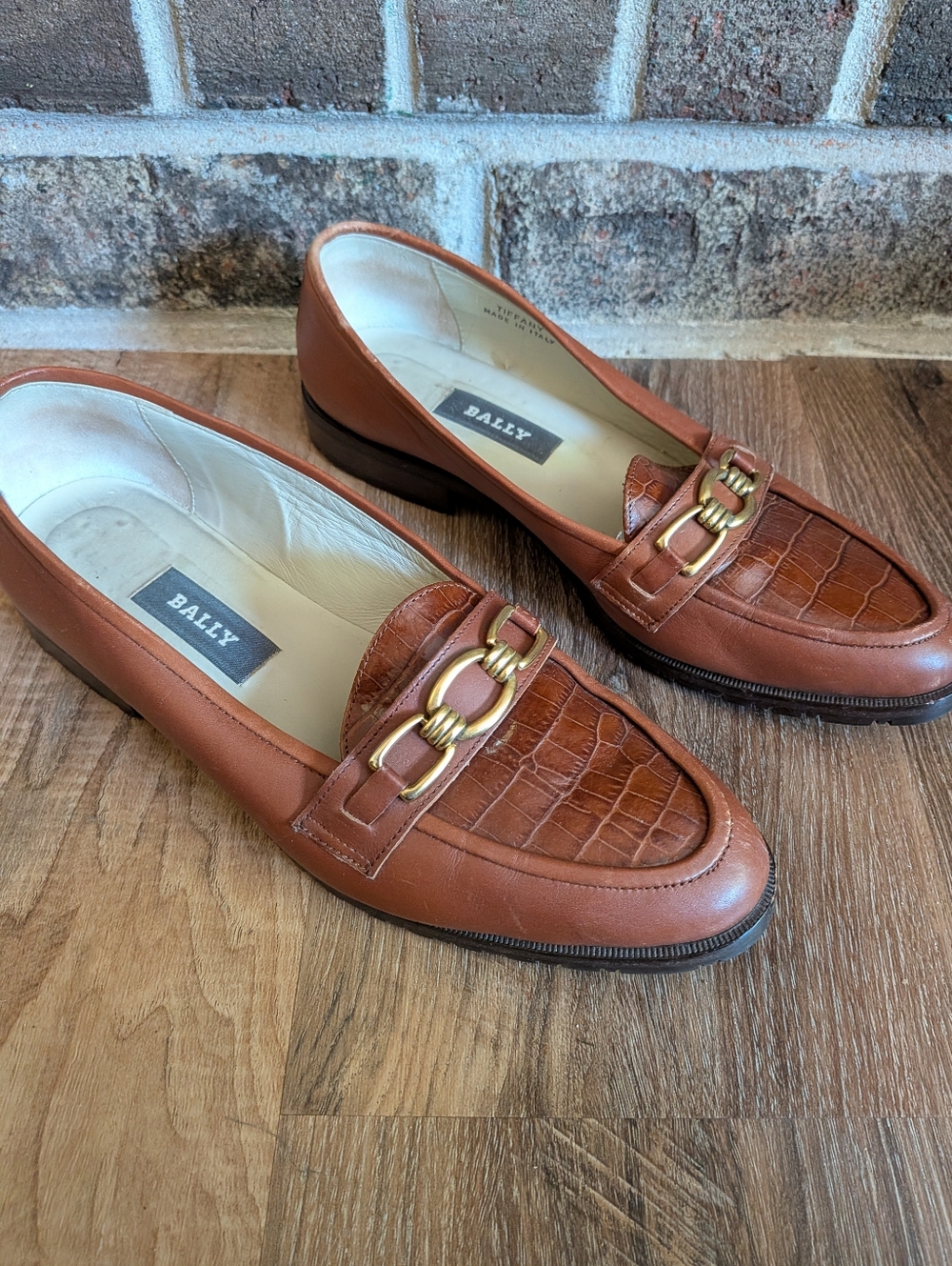 Bally Tiffany  Brown Leather Croc-Print Bit Loafers